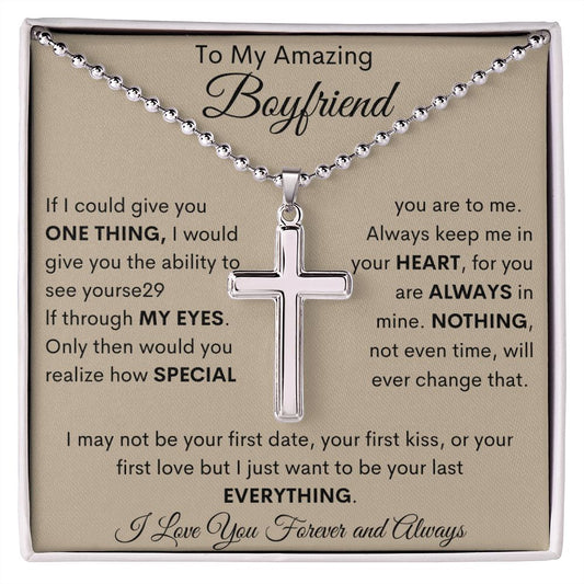 To My Amazing Boyfriend | Stainless Cross Necklace with Ball Chain | Tan MC