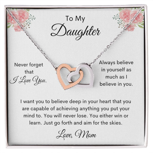 Daughter | Interlocking Hearts Necklace | Mom | White w Pink Rose MC